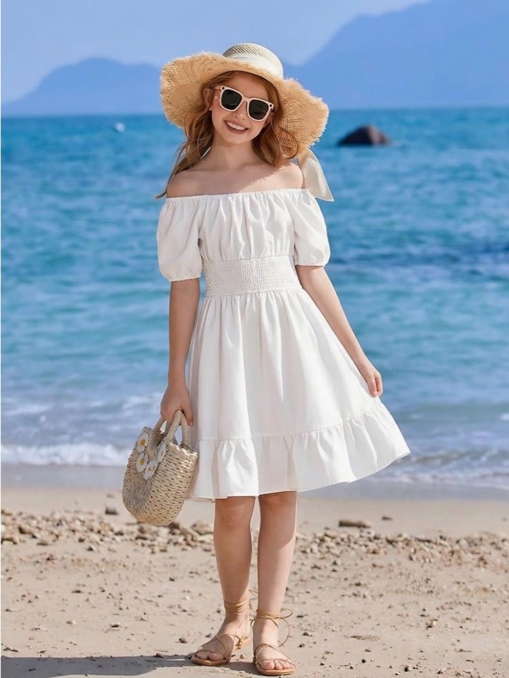 Arshiner Girls White Tie Back Ruffled Off Shoulder Dress